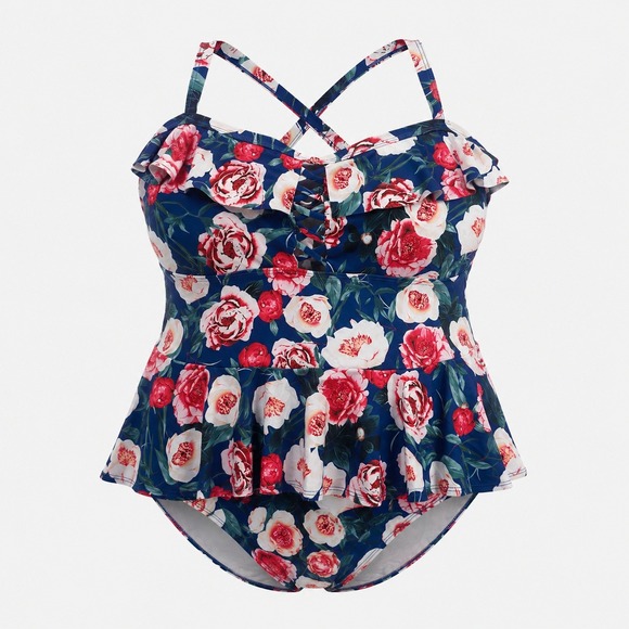 Other - Tankini Swimsuit Women 4XL Blue Floral Two Piece Adjustable Straps Peplum Top